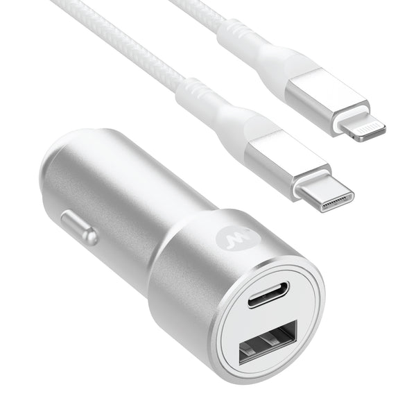 Pro Series 42W 2-Port USB-A & USB-C Car Charger w/ 6' Lightning to USB-C Cable - Silver & White
