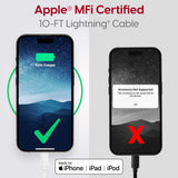 "Just Wireless 10ft Apple Lightning Cable. Extra long 10ft Apple Lightning cable. Charges and syncs Apple devices. Ultra-strong connector joints. Apple MFi certified. High-quality and durable construction. Compatible with various Apple devices. Fast and reliable data transfer. Convenient length for flexibility. Tangle-free design. Ensures safe and stable charging