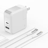 Just Wireless Phone & Laptop Charger with 6ft Lightning® to USB-C Cable - Quick and Powerful Wall Charger - Delivers 45 Watts of Power - Includes 6ft Lightning® to USB-C Cable - Dual Charge with USB-C and USB-A Ports - Supports Power Delivery (PD) - Rotating Prongs for Easy Plug Management - Features GaN Technology - Charges up to 50% in 30 Minutes with PD - Charge Your Laptop - Includes Hardshell Case