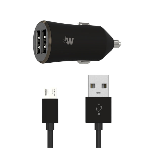 Just Wireless 2.4A/12W 2-Port USB-A Car Charger with 6ft TPU Micro USB to USB-A Cable. Delivers 2.4 Amps / 12 Watts of power. Dual-port charges up to two devices simultaneously. 6' long Micro USB to USB-A cable included. The cord features ultra-strength connector joints. Compatible with Android cell phones.
