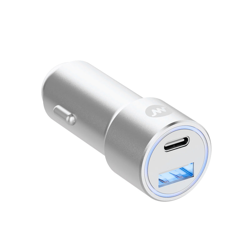 Pro Series 42W 2-Port USB-A & USB-C Car Charger with 6' USB-C to USB-C Cable - Silver & White