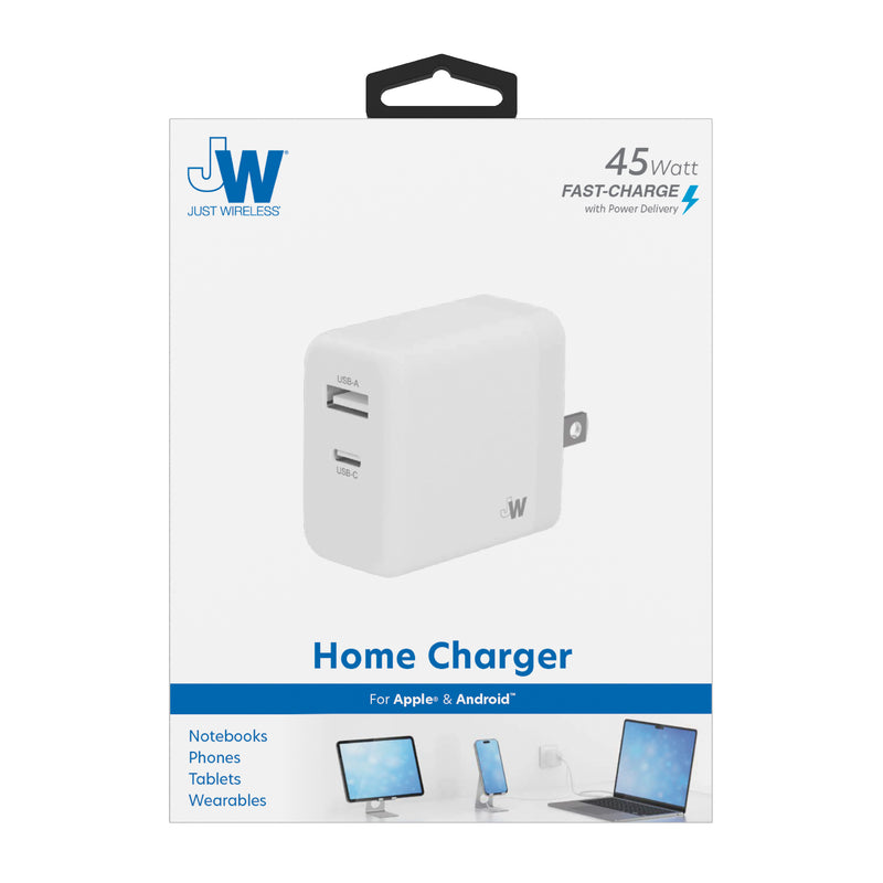 45W 2-Port USB-C USB-A Home Charger with 6' USB-C to USB-C Cable