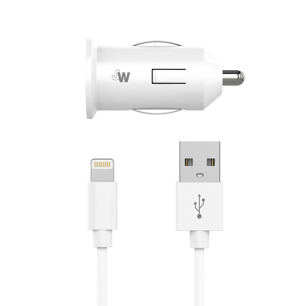 Just Wireless Single USB Car Charger with 4ft Lightning Cable - 12 Watts / 2.4 Amps of Power - Charges and Syncs All Apple Devices - 4ft Lightning Cable Included - Ultra Strength Connectors in Cord - Apple MFi Certified