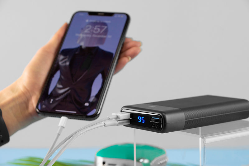 Just Wireless 15,000 mAh 3-Port USB Power Bank. 15,000 mAh of portable power. Fast charge with Power Delivery. 2 USB-A charging ports. 1 USB-C charging port. Digital battery indicator display screen. User manual included. 3-foot micro USB charging cable included. Pre-charged and ready to use. Charge 3 devices at the same time.