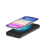 "Just Wireless 10,000 mAh Portable Power + Charging Dock. 10,000 mAh of power. 5X the charge. 10 Watts wireless charging. Qi-enabled devices compatible. Single USB-C charging port. Single USB-A charging port. Pre-charged