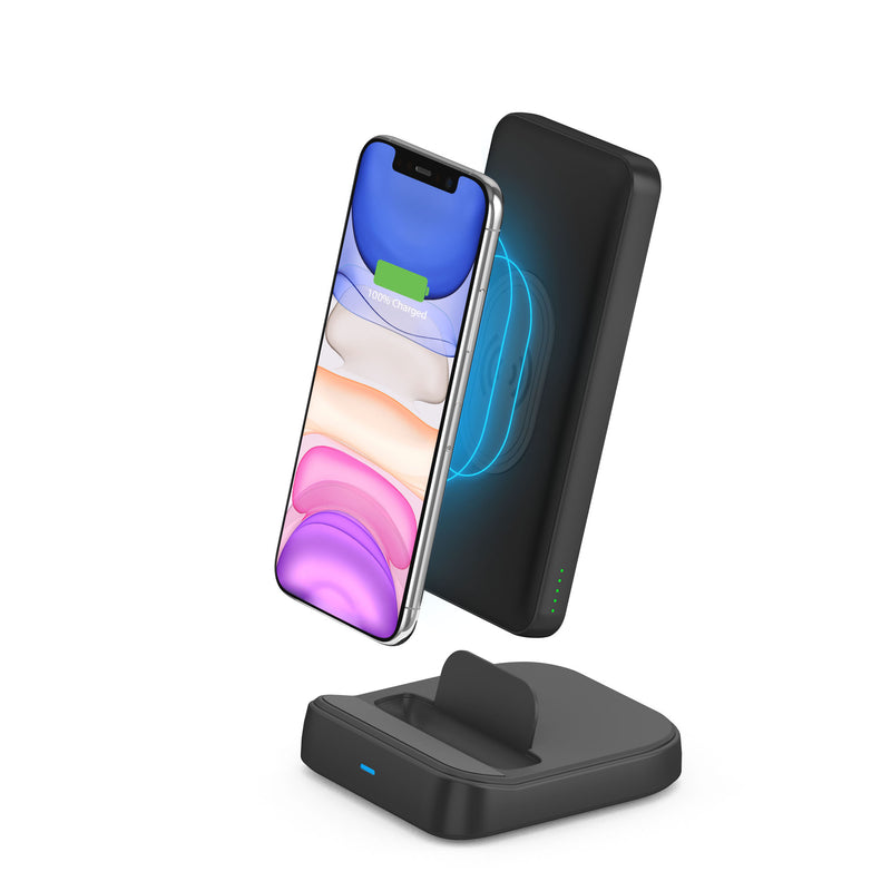 "Just Wireless 10,000 mAh Portable Power + Charging Dock. 10,000 mAh of power. 5X the charge. 10 Watts wireless charging. Qi-enabled devices compatible. Single USB-C charging port. Single USB-A charging port. Pre-charged