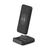 "Just Wireless 10,000 mAh Portable Power + Charging Dock. 10,000 mAh of power. 5X the charge. 10 Watts wireless charging. Qi-enabled devices compatible. Single USB-C charging port. Single USB-A charging port. Pre-charged