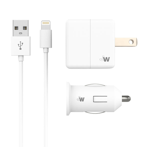 Just Wireless Single USB Car & Wall Charger with 5ft Apple Lightning Cable - Car, Wall Charger, and 5ft Lightning Cable - 5 Watts / 1 Amp Power Output - Includes 5ft Apple Lightning Cable - Ultra-Strength Connector Joints in Cable - Universal Compatibility with Apple Devices - Apple MFi Certified for Reliability - Compact and Portable Design - Fast and Efficient Charging - Safe and Reliable Performance - Ideal for Charging on the Go