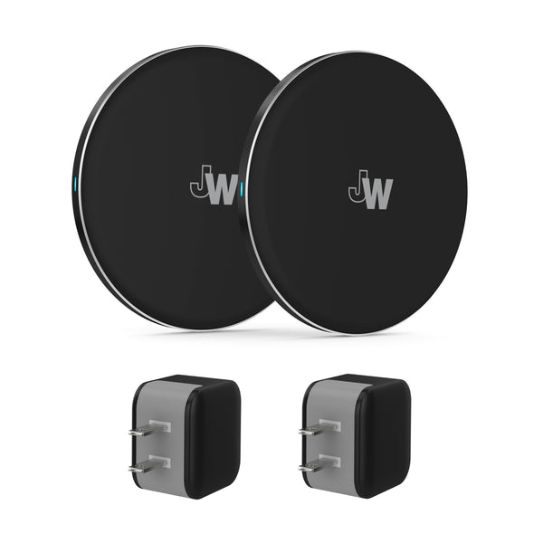 Just Wireless 2pk 5W Qi Wireless Charging Pads - Dual Pack with Wall Adapters. Qi-Certified for Reliable Performance. Compatible with All Qi-Enabled Devices. Hassle-Free Case-Friendly Design