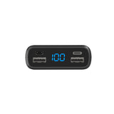 Just Wireless 10,000 mAh 3-Port USB Power Bank with Power Delivery. Delivers 10,000 mAh of portable power. Faster charge with power delivery. Charge 3 devices at the same time. 2 USB-A charging ports and 1 USB-C charging port. Digital battery indicator display screen. 3-foot micro USB charging cable and user manual included. Universally compatible with any standard USB-A device
