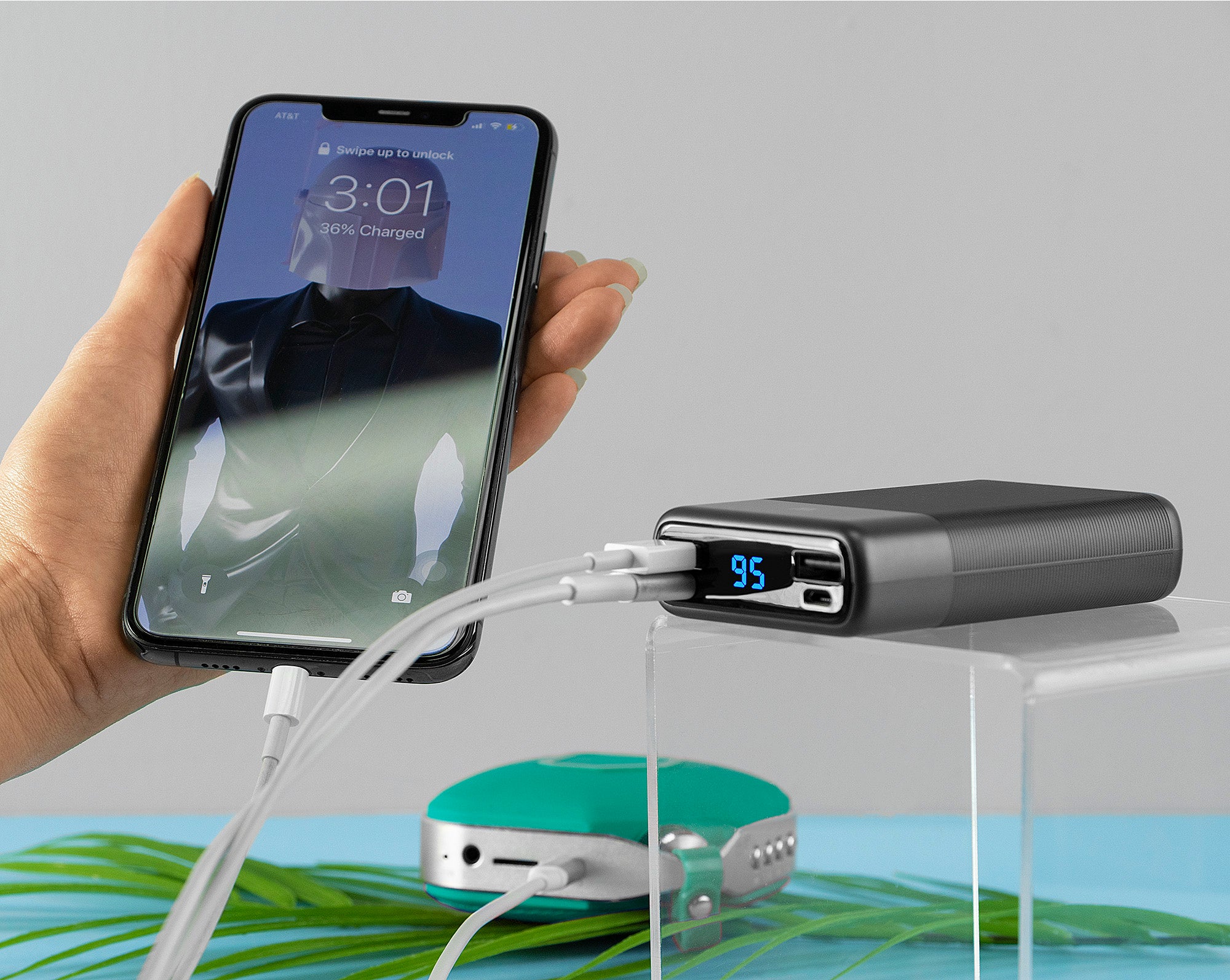 Just Wireless 10,000 mAh 3-Port USB Power Bank with Power Delivery. Delivers 10,000 mAh of portable power. Faster charge with power delivery. Charge 3 devices at the same time. 2 USB-A charging ports and 1 USB-C charging port. Digital battery indicator display screen. 3-foot micro USB charging cable and user manual included. Universally compatible with any standard USB-A device