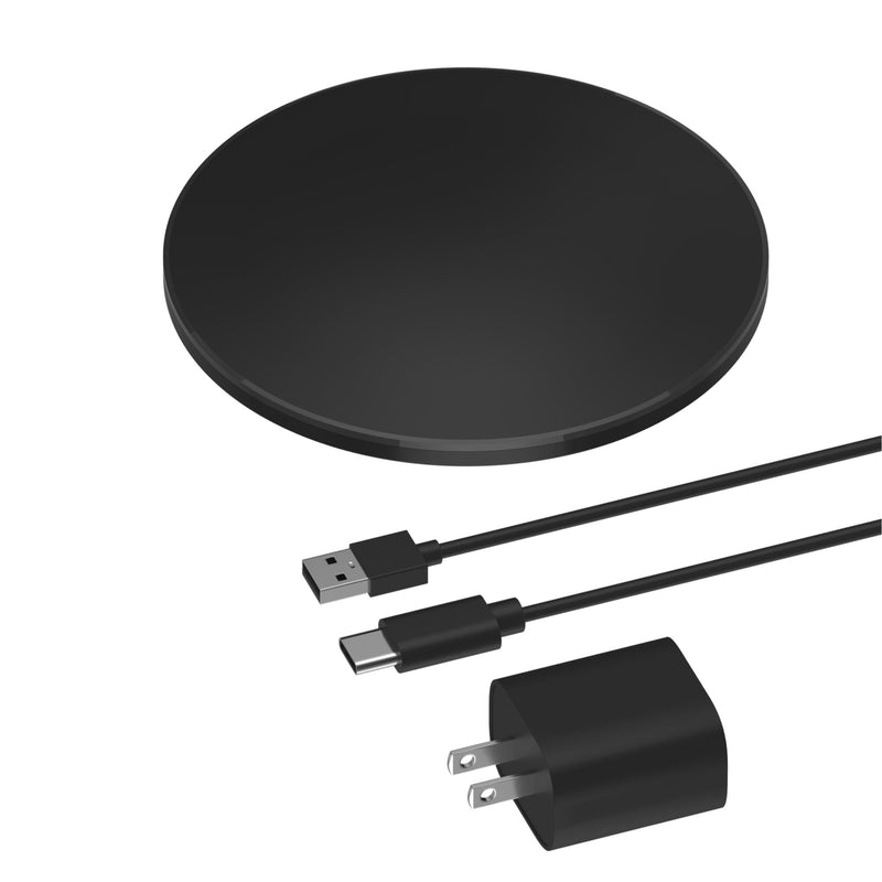 Just Wireless 10W Qi Wireless Charging Pad with AC. 10W wireless charging capability. Case-friendly design for convenience. Includes a 6ft USB-C to USB cable. User manual for easy setup. Compact and portable design. Overheating protection for safety. Wide compatibility with Qi-enabled devices. Efficient and reliable wireless charging.