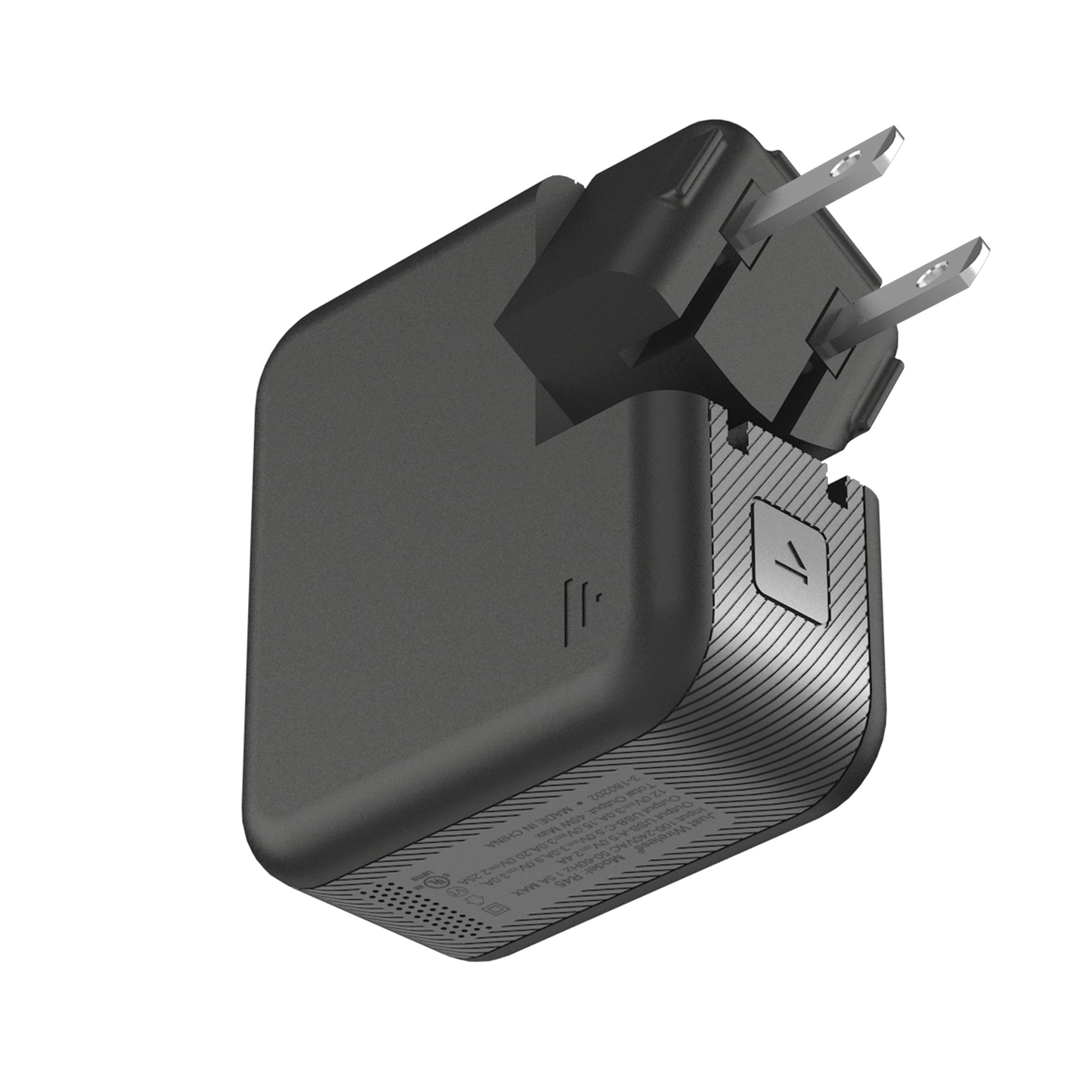 Just Wireless Phone & Laptop Charger - Quick and Powerful Wall Charger - Delivers 45 Watts of Power - Dual Charge with USB-C and USB-A Ports - Supports Power Delivery - Rotating Prongs for Easy Plug Management - Features GaN Technology - Power Delivery Charges a Smartphone up to 50% in 30 Minutes - Charge Your Laptop - Includes Hard Shell Case