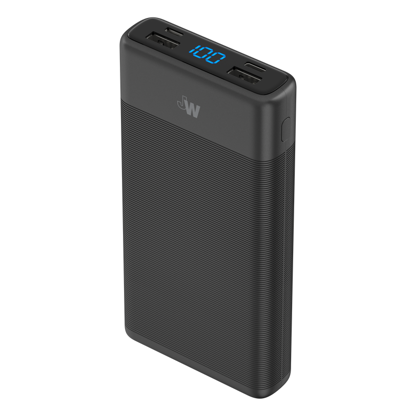 Just Wireless 15,000 mAh 3-Port USB Power Bank. 15,000 mAh of portable power. Fast charge with Power Delivery. 2 USB-A charging ports. 1 USB-C charging port. Digital battery indicator display screen. User manual included. 3-foot micro USB charging cable included. Pre-charged and ready to use. Charge 3 devices at the same time.